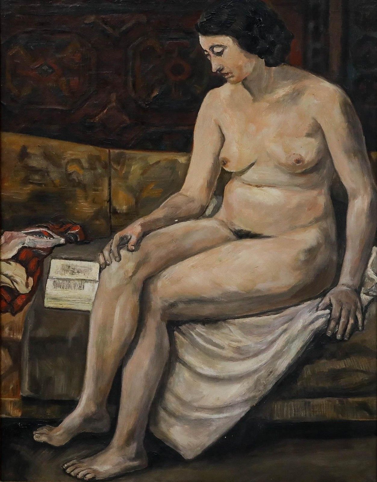 Framed 1933 Oil Female Nude Reading photo furniture