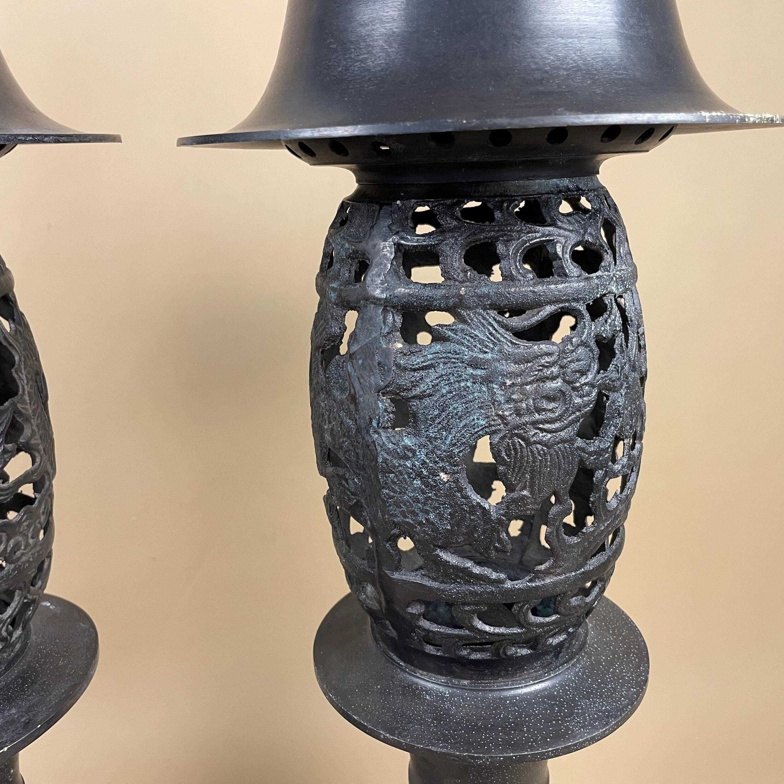 Pair Bronze Temple Lanterns Asian Dragon Design Antique Style Pagoda Lights Vintage Oriental Garden Decor Cast Metal Mid 20th Century Repro photo furniture