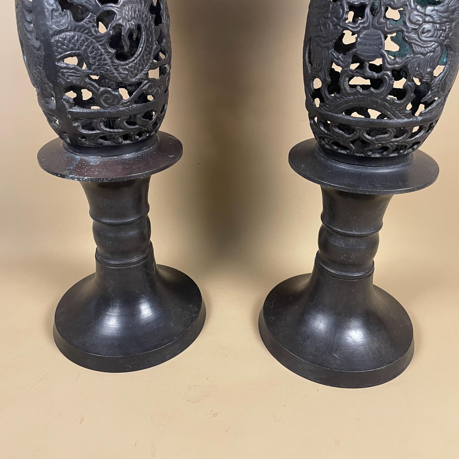 Pair Bronze Temple Lanterns Asian Dragon Design Antique Style Pagoda Lights Vintage Oriental Garden Decor Cast Metal Mid 20th Century Repro photo Lighting