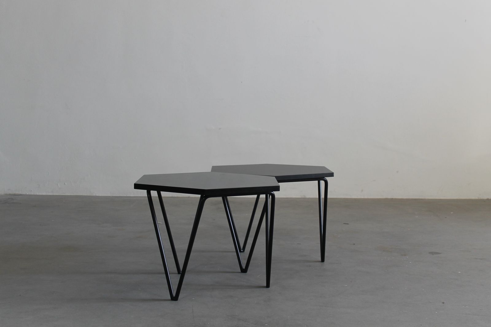Gio Ponti Set Of Two Hexagonal Coffee Tables In Wood And Metal I.S.A. 1950s photo for sale