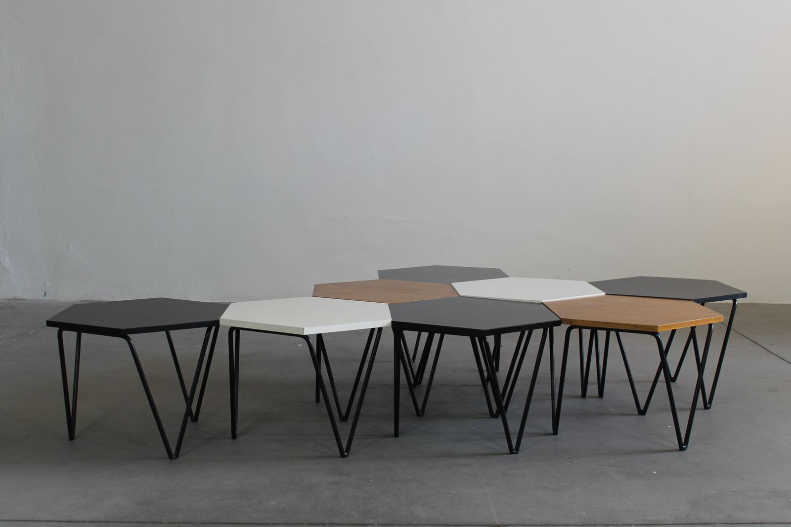 Furniture Gio Ponti Set Of Eight Hexagonal Coffee Tables In Wood And Metal I.S.A. 1950s photo