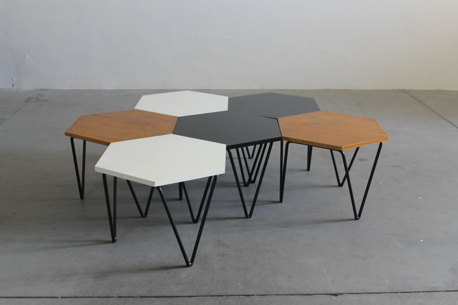 Gio Ponti Set Of Six Hexagonal Coffee Tables In Wood And Metal I.S.A. 1950s photo for sale