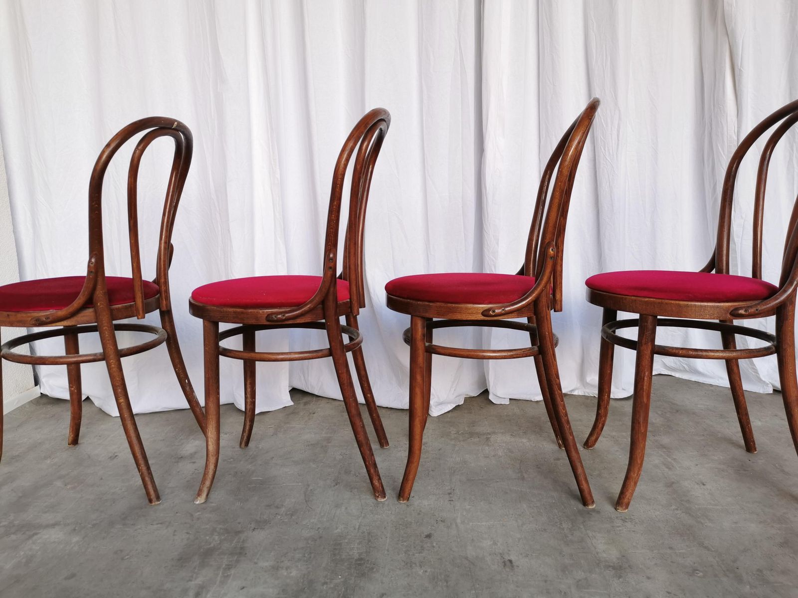 Set Of 4 Vintage Bentwood Bistro Chairs: Thonet Style, Red Upholstery photo 706.0