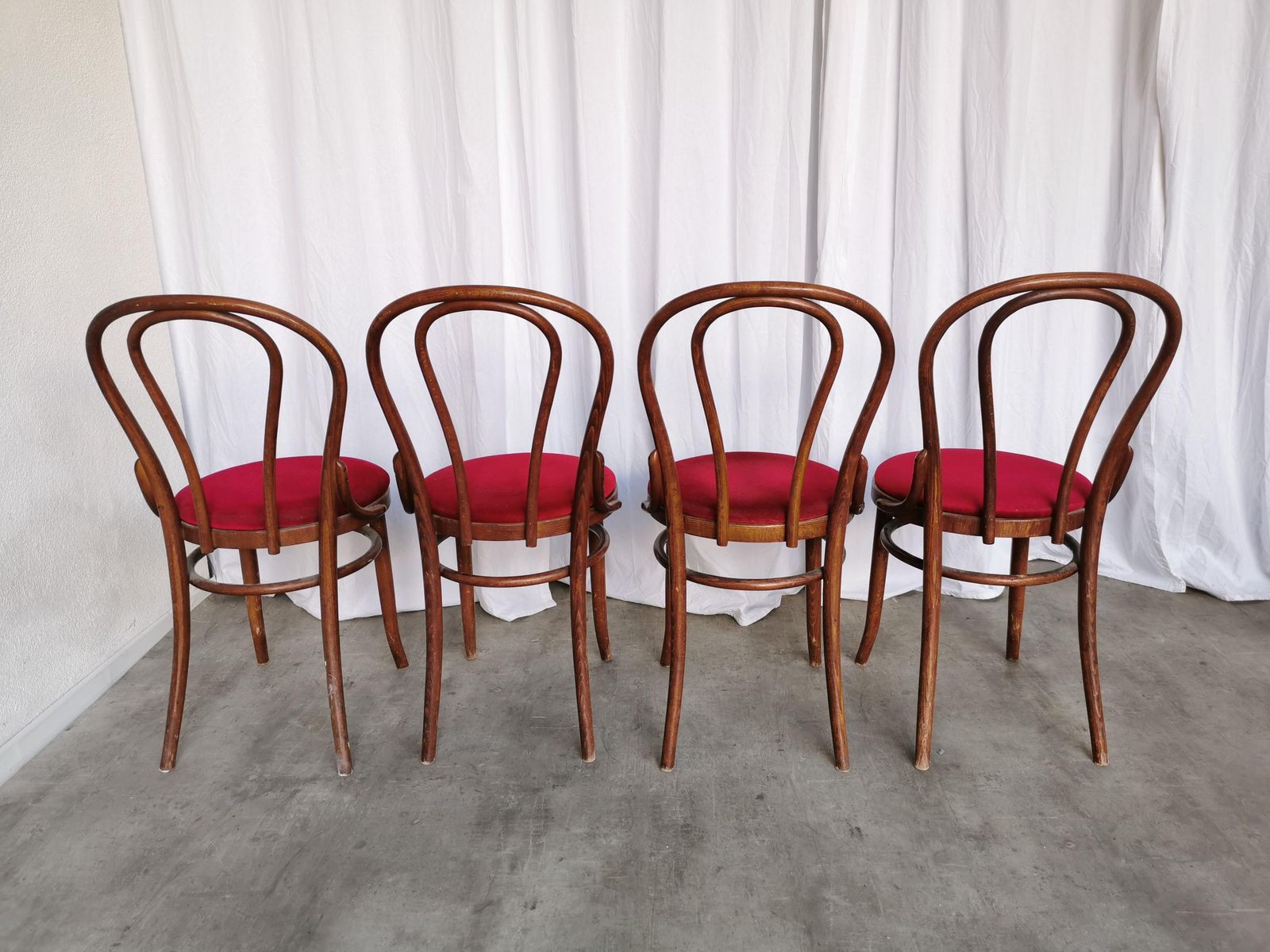 Set Of 4 Vintage Bentwood Bistro Chairs: Thonet Style, Red Upholstery photo vinterior
