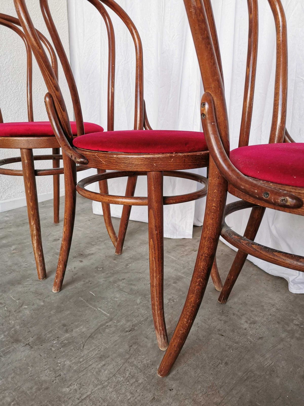 Set Of 4 Vintage Bentwood Bistro Chairs: Thonet Style, Red Upholstery photo vintage
