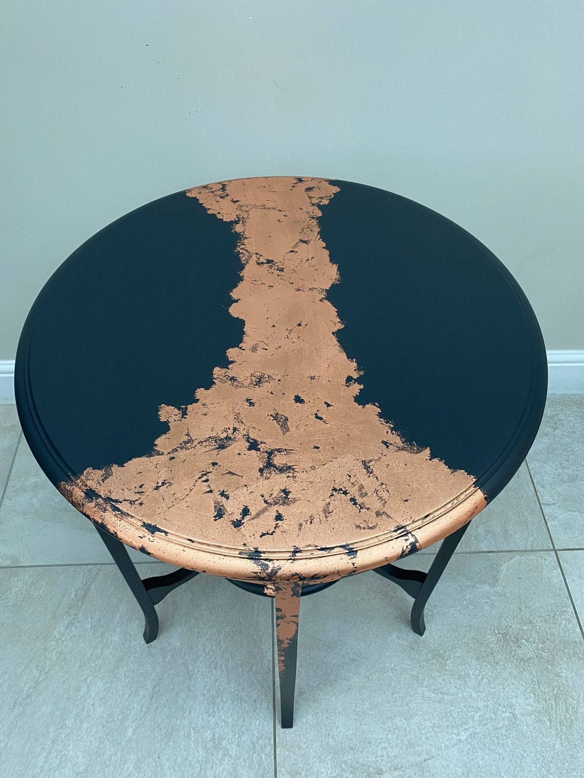 Refurbished Antique Solid Mahogany Two Tier Side Table, Painted In Ash Grey Fusion Mineral Paint And Finished With Copper Leaf. photo vintage