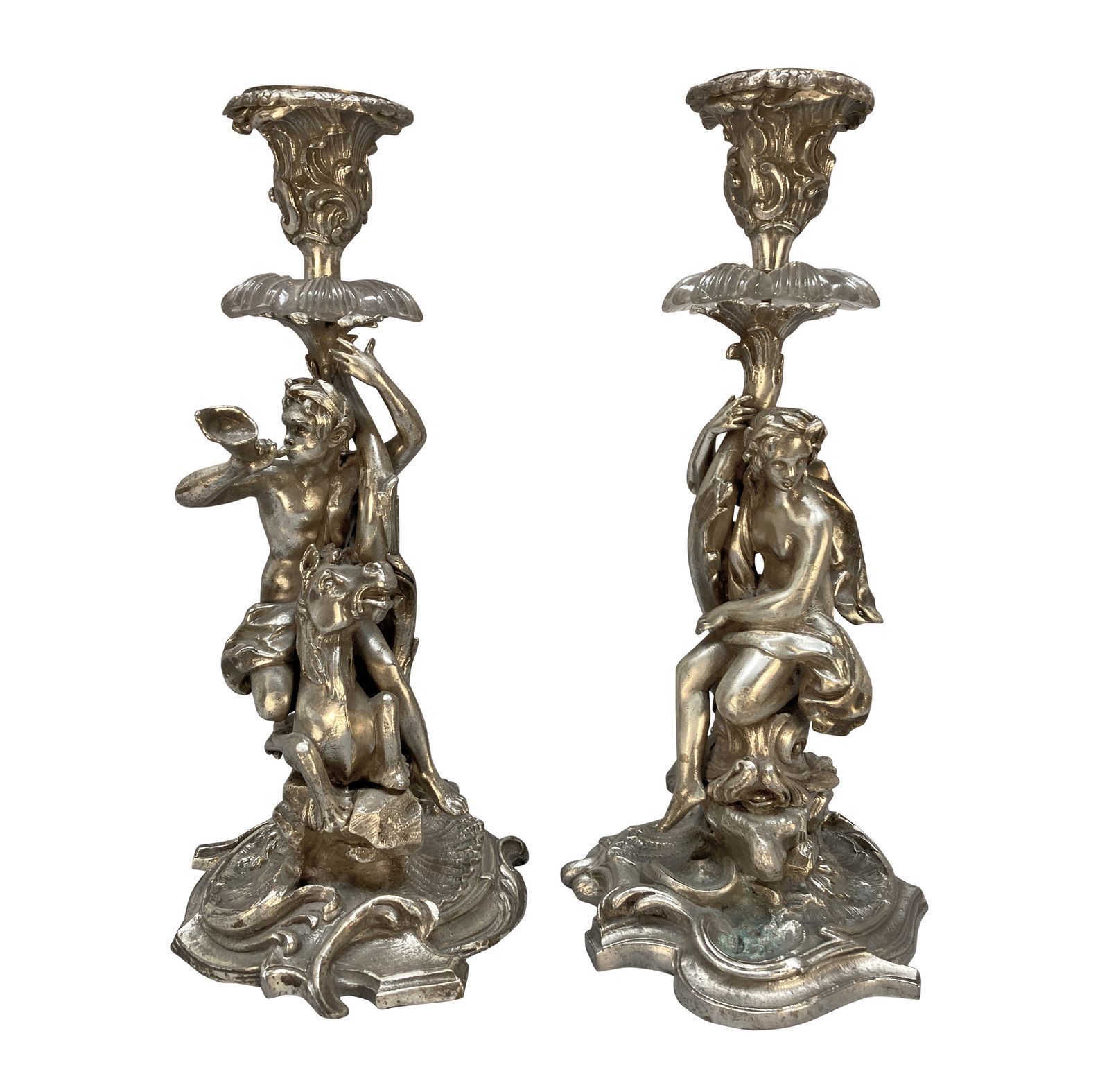A Pair Of Silvered Bronze Candlesticks Depicting Triton & Nereid