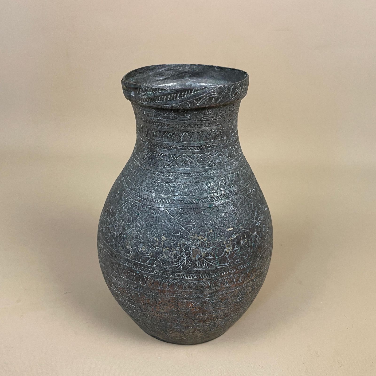 Antique Metal Silver Copper Indian Patterned Plant Pot Vase Jardiniere Asian Handmade Engraved Etched Intricate Vintage Urn Decorative Aged