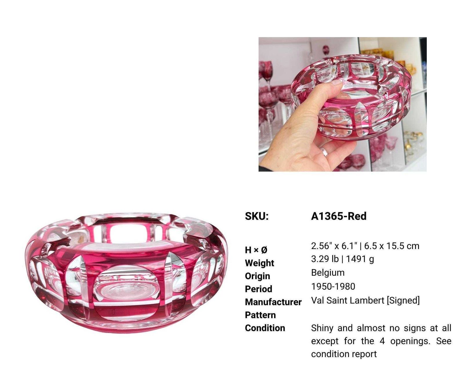 photo for sale Val Saint Lambert Ashtray | 1 Stuk | Kristal In Jadegroen Of Rood