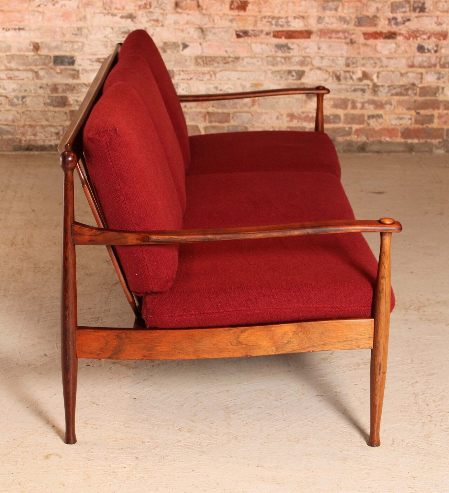 Danish Mid Century Rosewood 3 Seater Sofa With Red Wool Upholstery, Circa 1960s photo buy