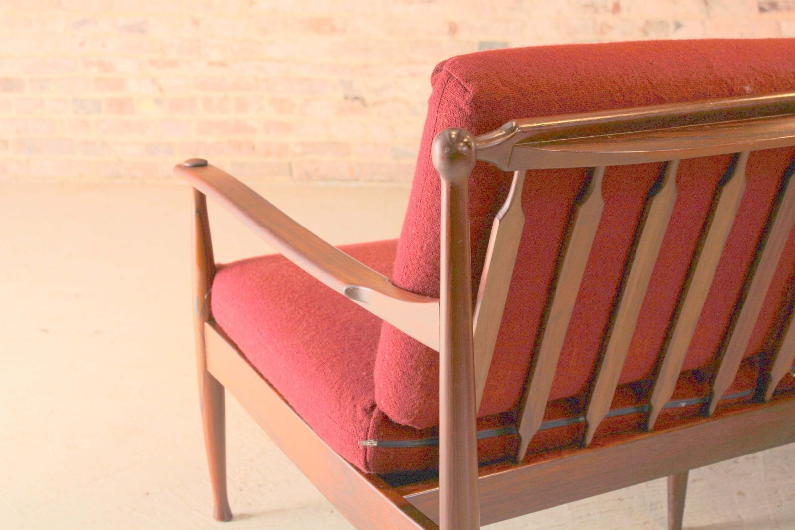 photo furniture Danish Mid Century Rosewood 3 Seater Sofa With Red Wool Upholstery, Circa 1960s