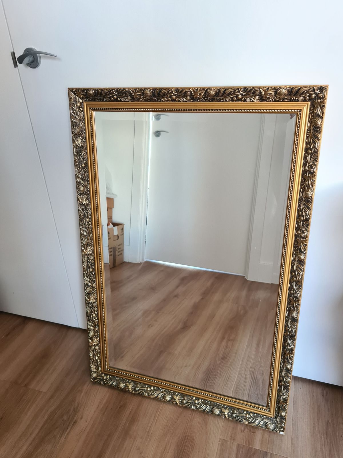 1980s British Neoclassical Gilt Wood Bevelled Wall Mirror Dahlia Hand Carved Frame photo furniture