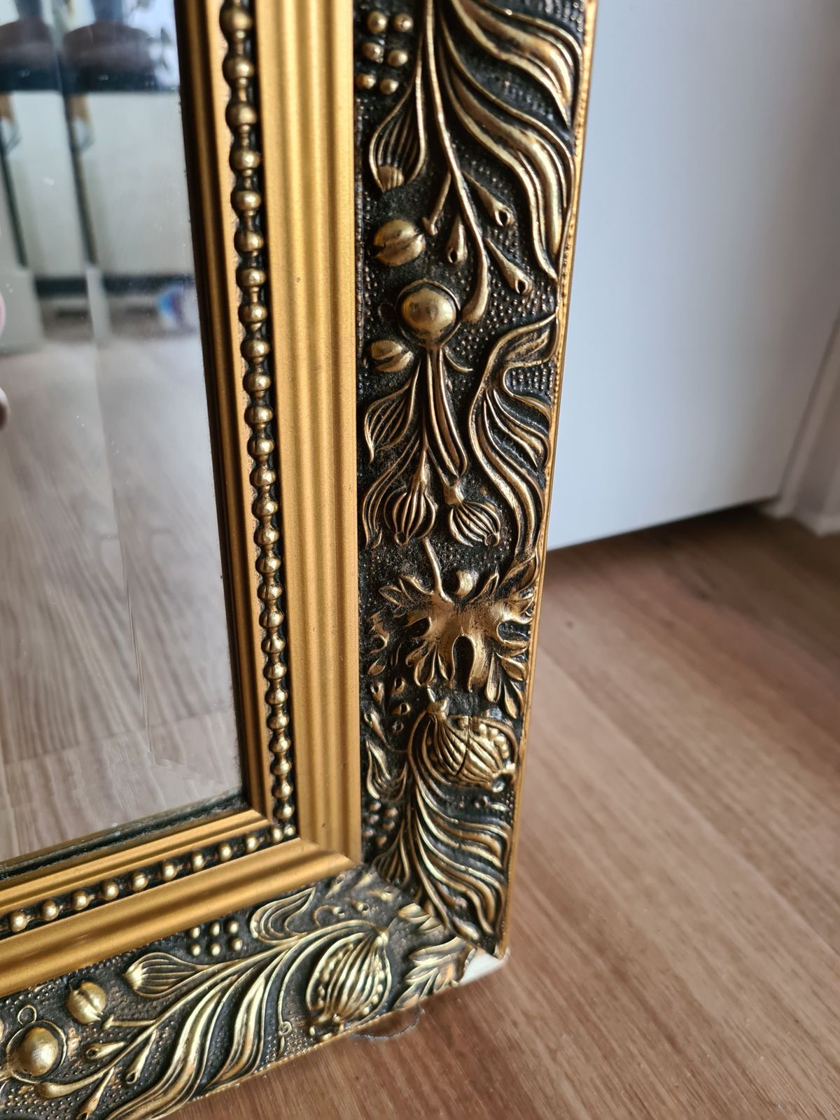 1980s British Neoclassical Gilt Wood Bevelled Wall Mirror Dahlia Hand Carved Frame photo for sale