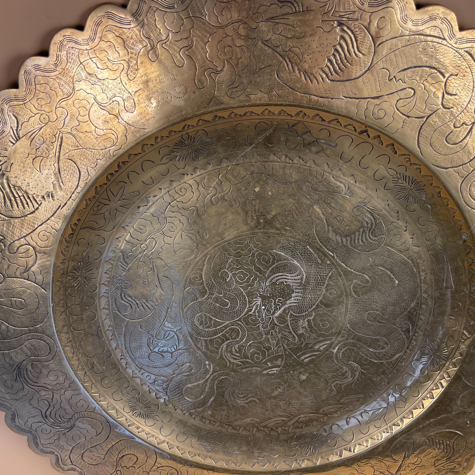 Antique Metal Gold Chinese Oriental Patterned Brass Tray 61cm Plate Round Handmade Etched Intricate Decorative Wall Hanging Vintage Dragon photo buy