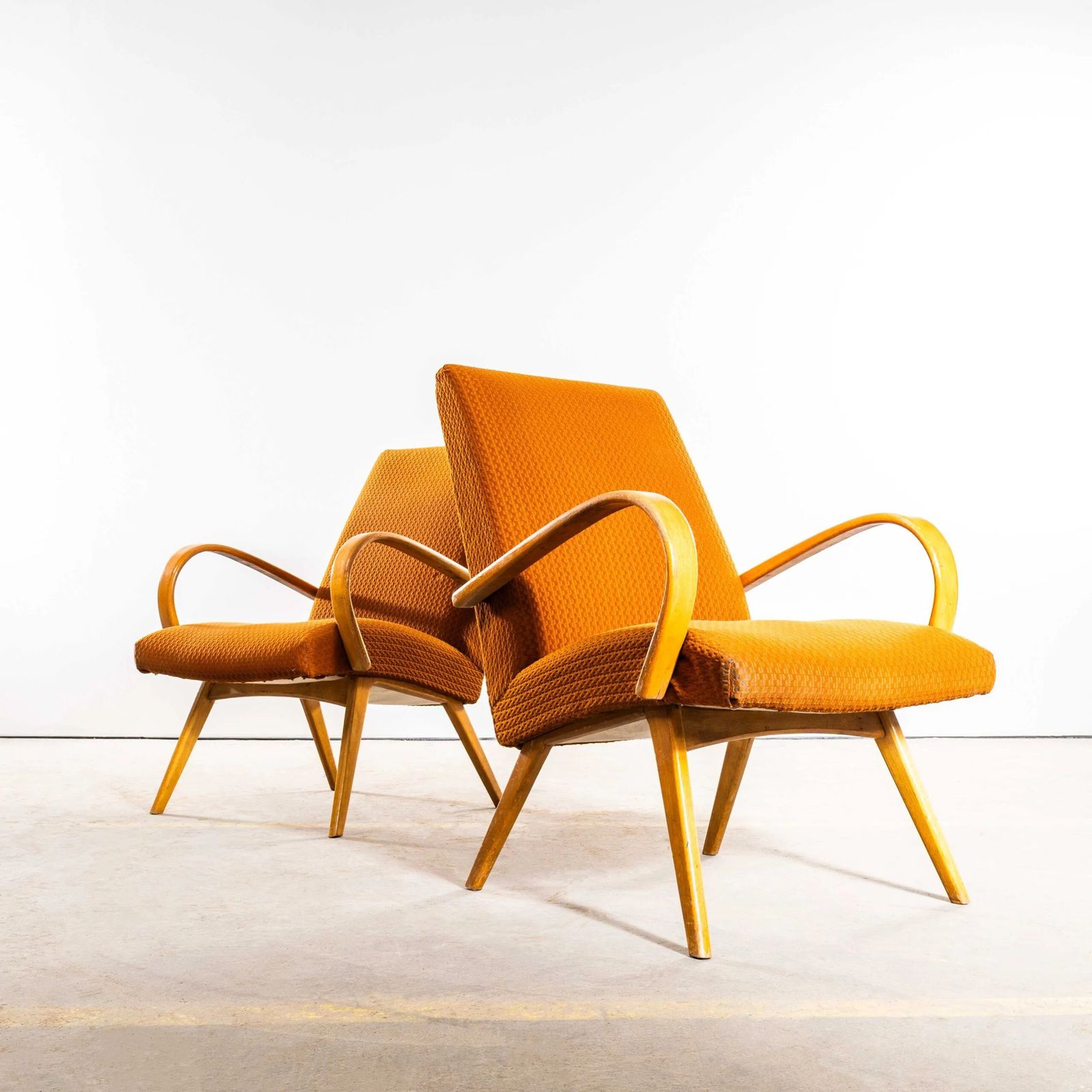 1950’s Jaroslav šmídek Original Armchairs In A Geometric Orange Jacquard – Standard Seat