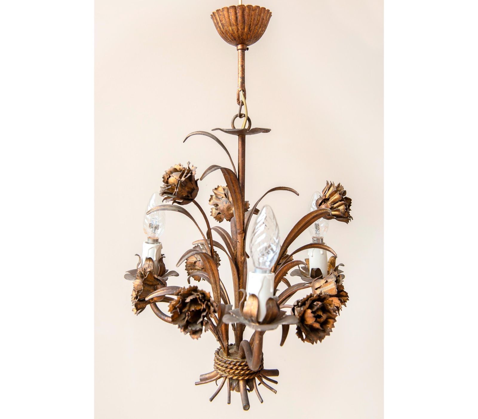 Florentine Chandelier, Italian Hanging Lamp, Gold Leaf Floral Pendant Lamp, Vintage Roses Candelabra, Hollywood Regency, 1960s Design