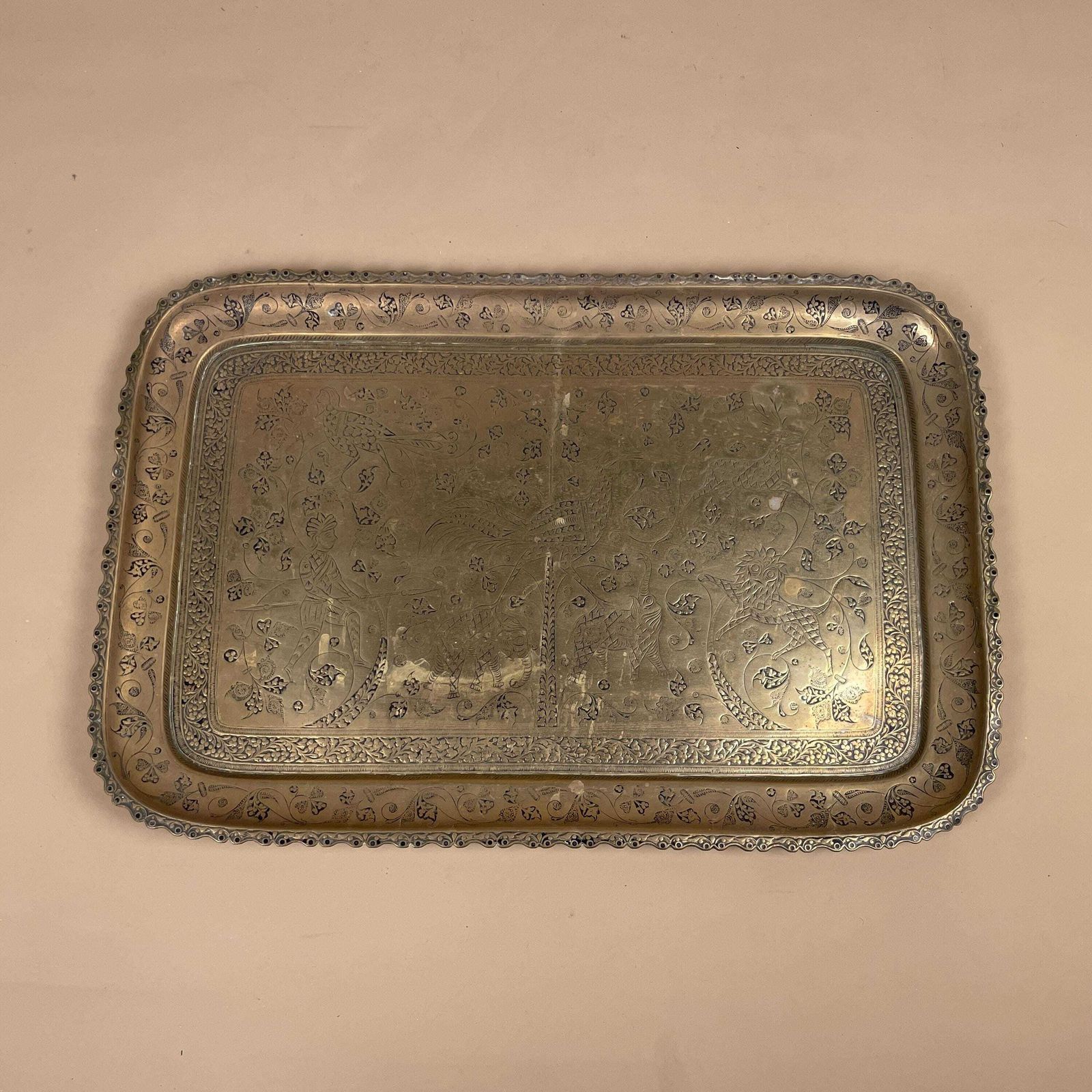 Antique Metal Gold Indian Patterned Brass Tray 44.5x29.5cm Asian Handmade Etched Intricate Decorative Patterned Wall Art Rectangle Vintage photo for sale