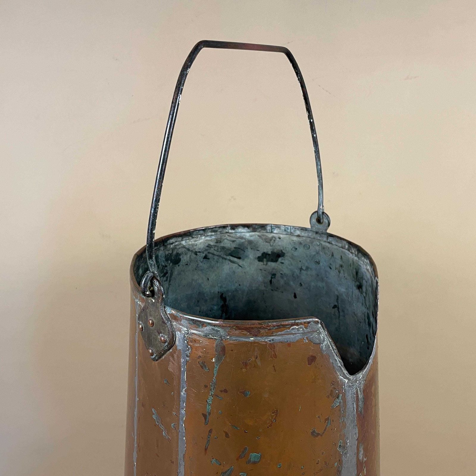 Antique Metal Copper Coal Bucket Handle Fireside Fire Side Scuttle Helmet Farmhouse Cottage Patina Vintage Fireplace Logs Tall Tools Prong photo Home Fixtures