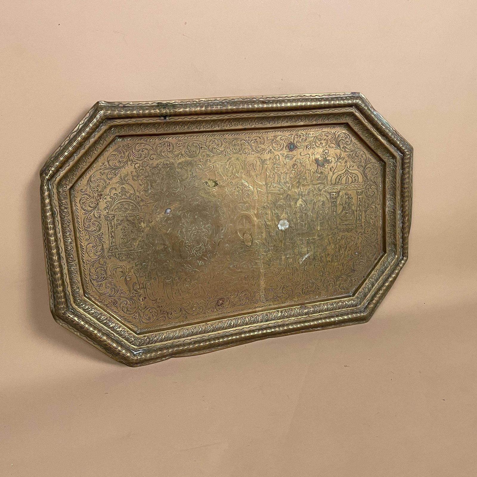 Antique Metal Gold Indian Patterned Brass Tray 39.5x26cm Plate Asian Handmade Etched Intricate Decorative Patterned Wall Art Octagon Vintage photo furniture