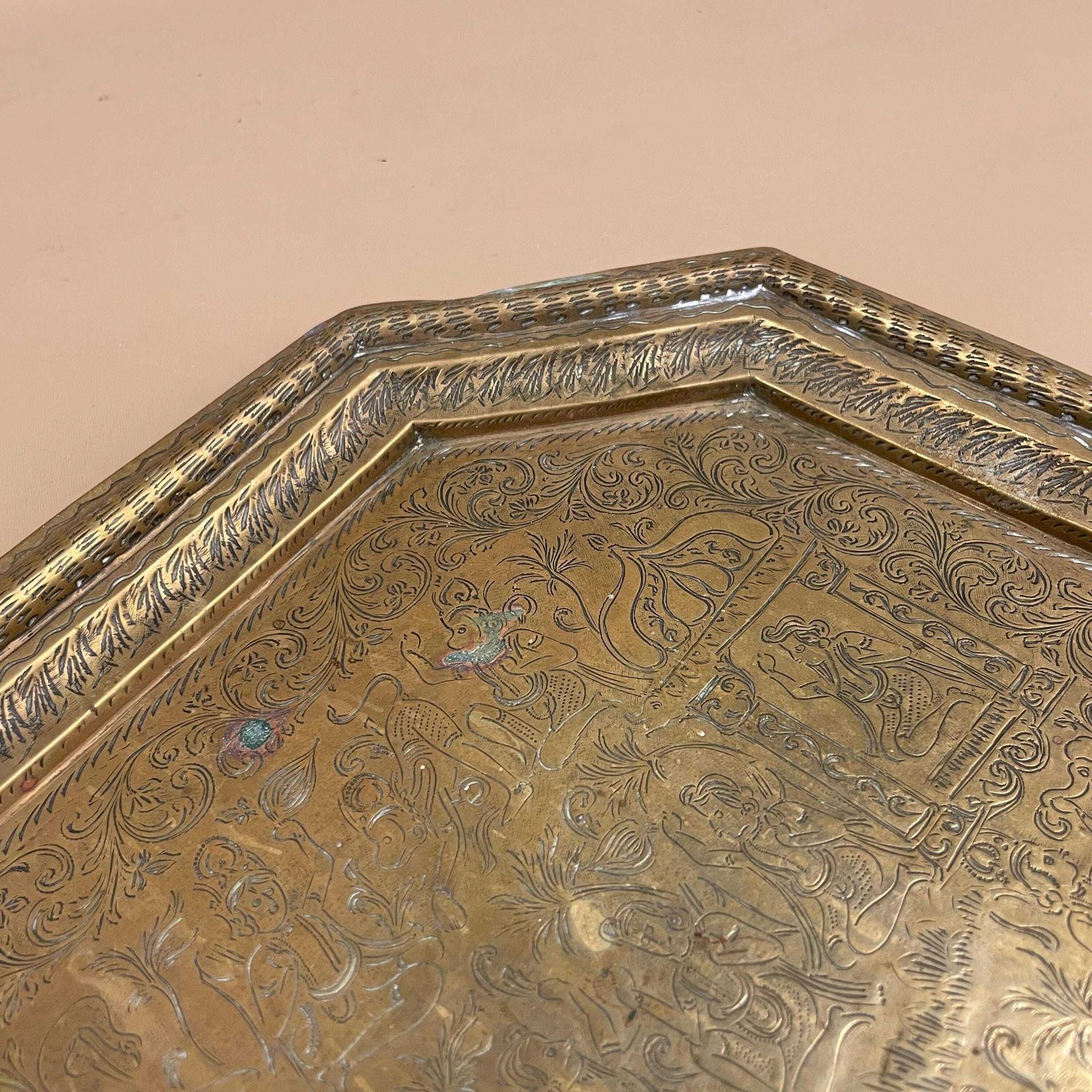 Antique Metal Gold Indian Patterned Brass Tray 39.5x26cm Plate Asian Handmade Etched Intricate Decorative Patterned Wall Art Octagon Vintage photo vinterior