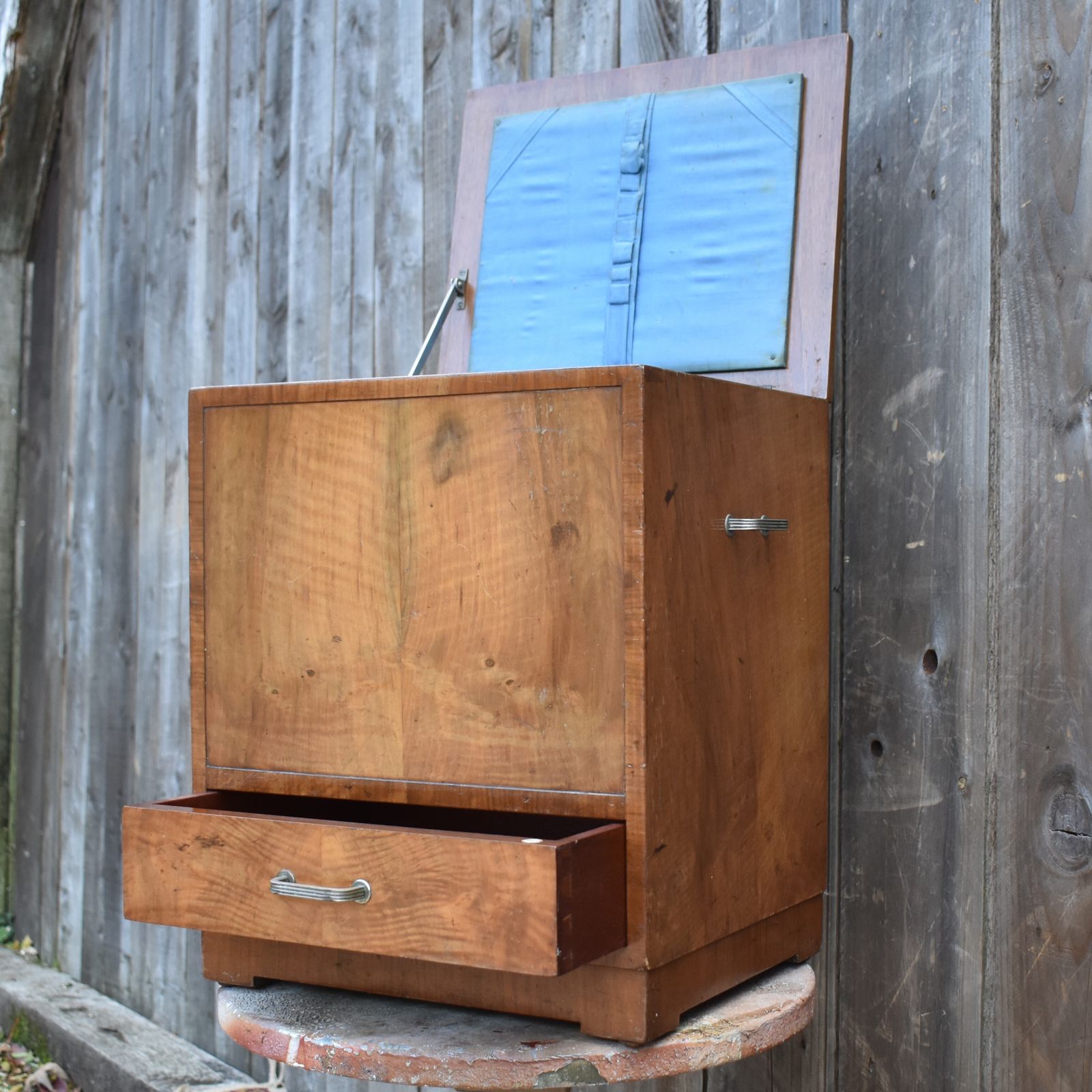 photo furniture Antique Heal's Of London Walnut Haberdashery Chest Sewing Cabinet Side Table