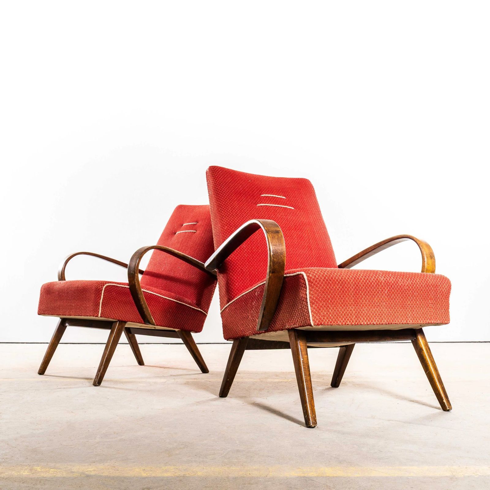 1950’s Jaroslav šmídek Original Armchairs In A Chevron Slub Jacquard – Sprung Seat