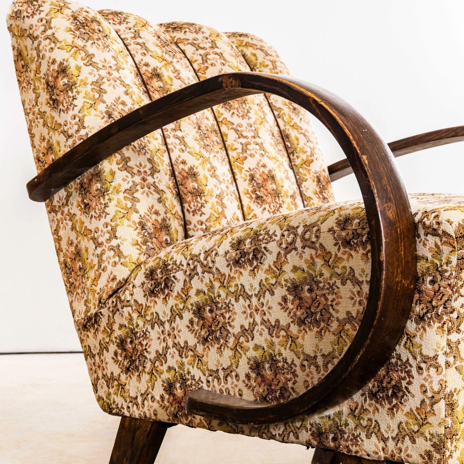 1950’s Jindrich Halabala Armchairs In Original Tapestry Floral Fabric photo vintage