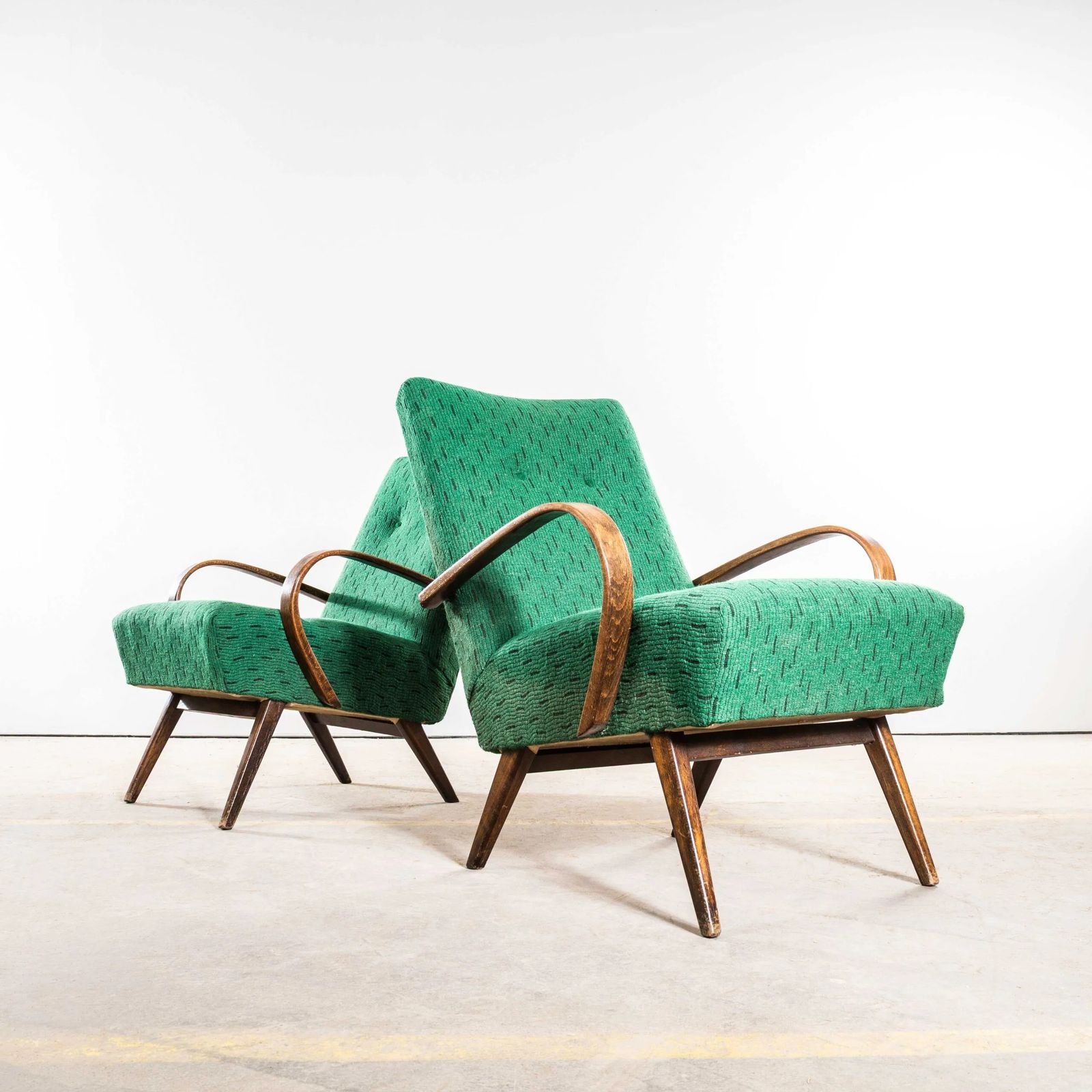 1950’s Jaroslav šmídek Original Armchairs In A Geometric Slub Jacquard – Sprung Seat