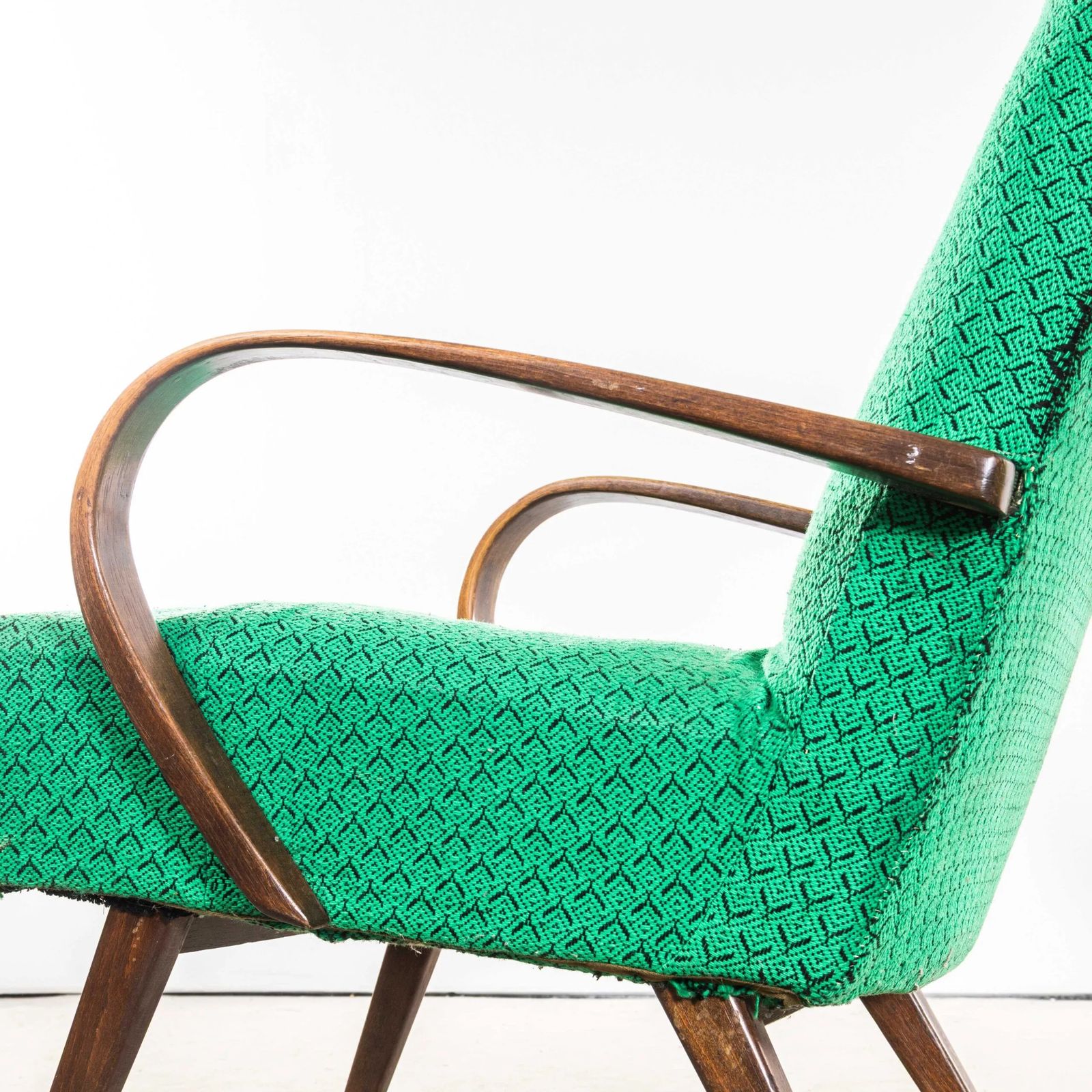 1950’s Jaroslav šmídek Original Armchairs In A Green Geometric Jacquard – Sprung Seat photo furniture