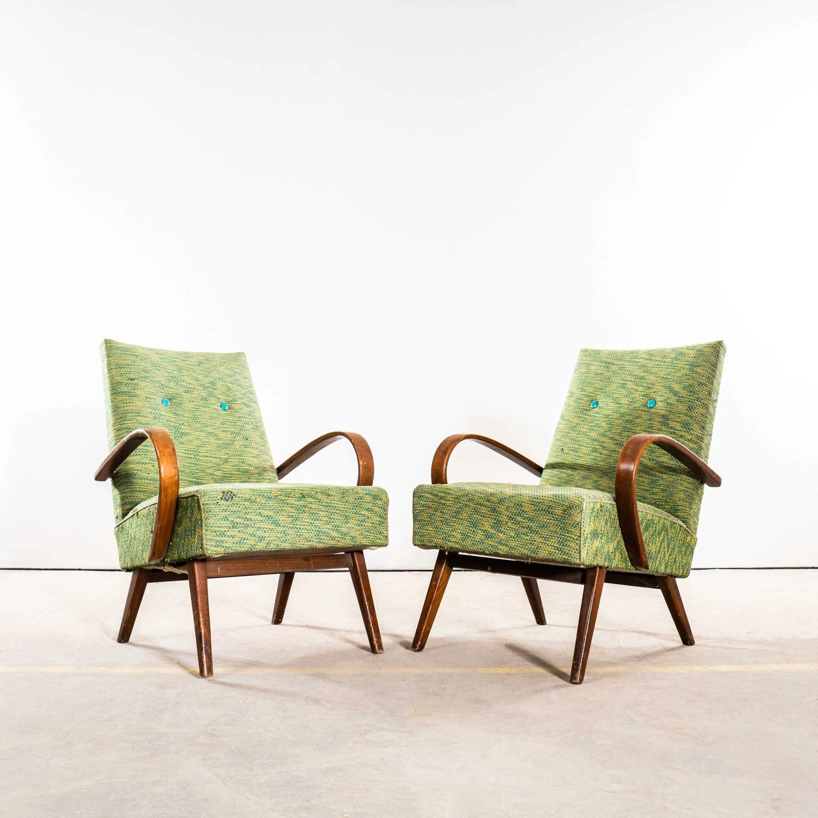 1950’s Jaroslav šmídek Original Armchairs In A Lime Heavy Geometric Weave Fabric With Sprung Seat photo for sale
