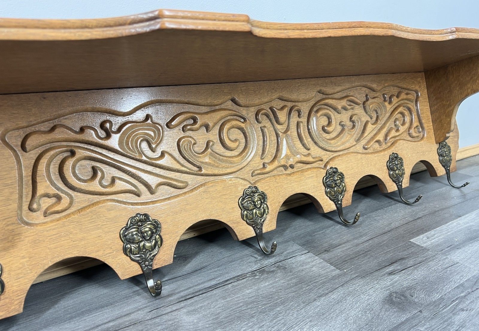 French Vintage Coat Rack Oak 6 Brass Hooks Wall Shelf Carved Coat Lot 4222