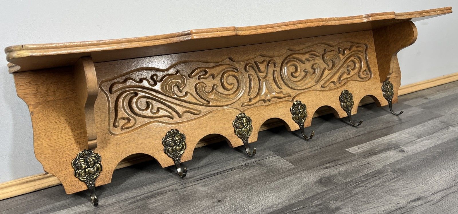 French Vintage Coat Rack Oak 6 Brass Hooks Wall Shelf Carved Coat Lot 4222 photo for sale