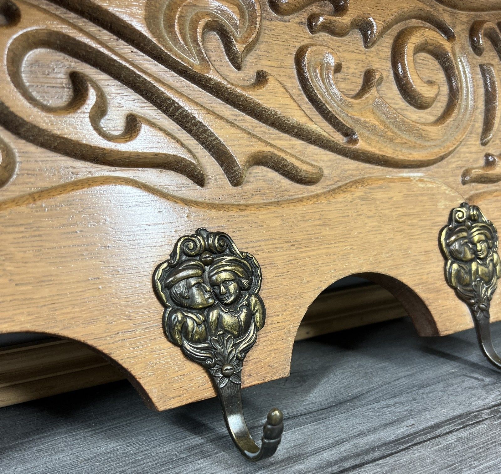 French Vintage Coat Rack Oak 6 Brass Hooks Wall Shelf Carved Coat Lot 4222 photo buy