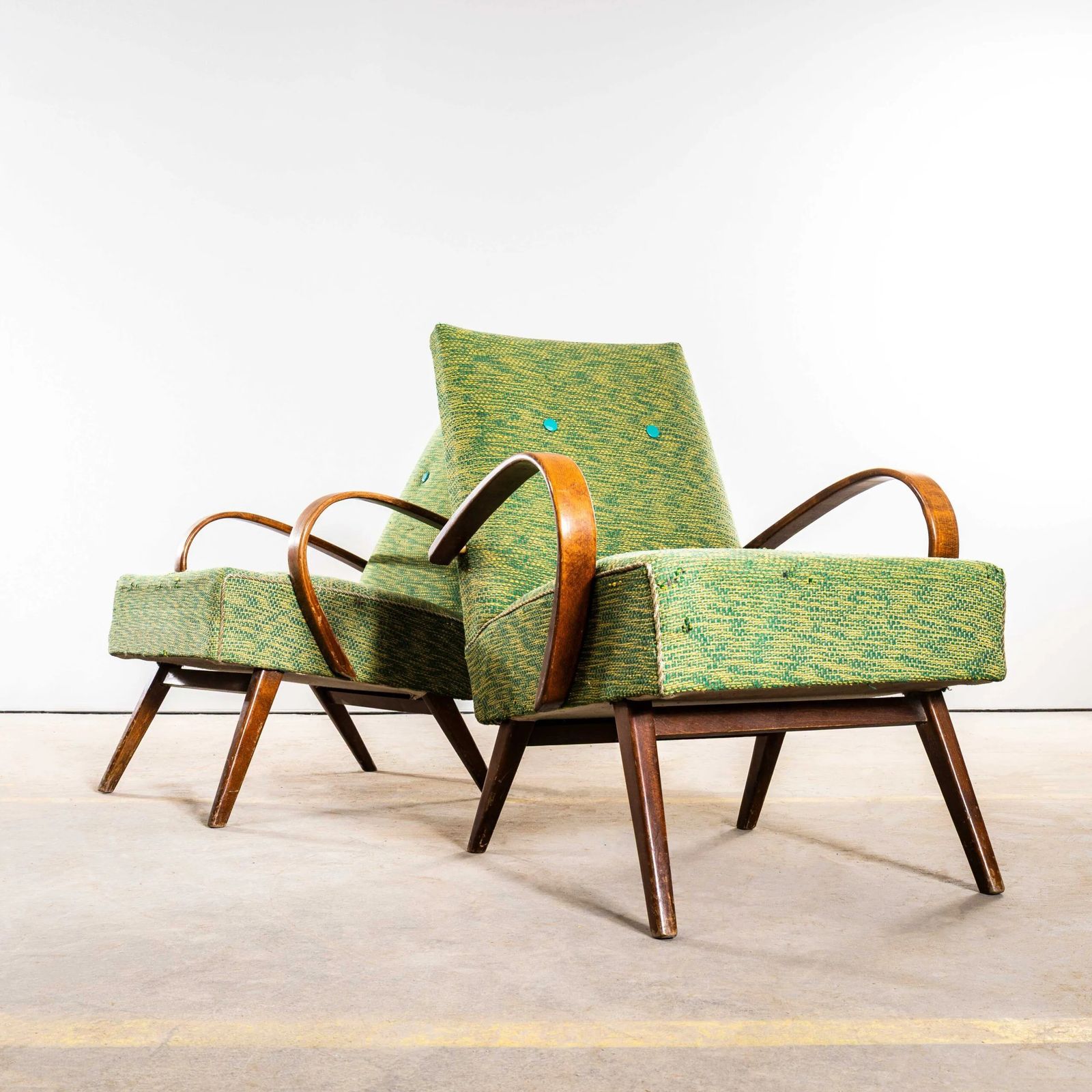 1950’s Jaroslav šmídek Original Armchairs In A Heavy Lime Weave Fabric
