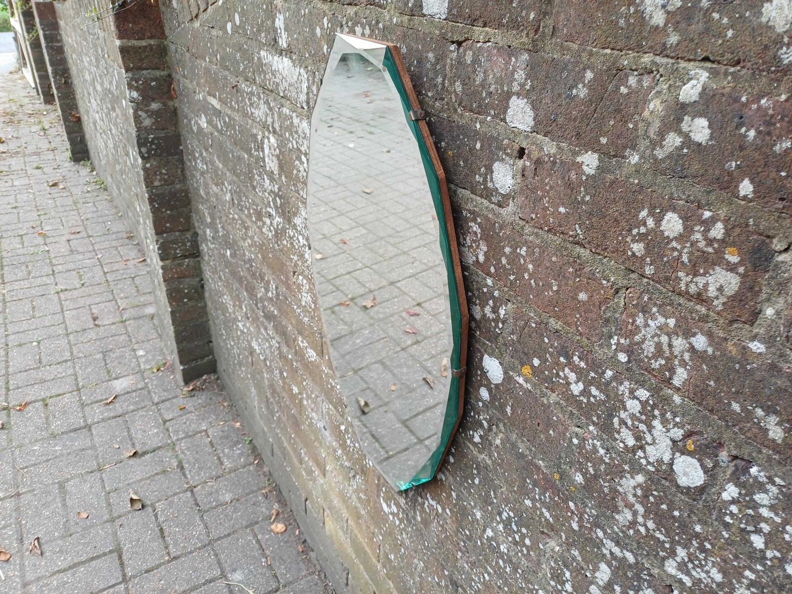 Vintage 1930s/50s Art Deco Frameless Wall Mirror, Original Bevelled Glass With Chain, Authentic Retro Mid Century Mirror, Diamond Shape photo vinterior