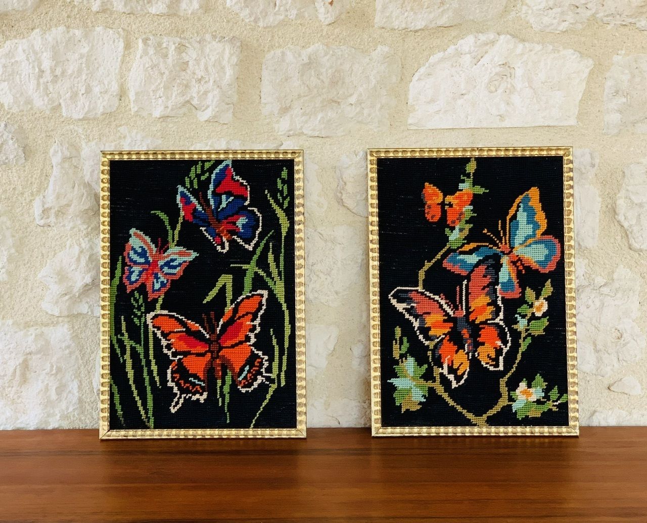 Vintage, Framed, Needlepoint, Tapestry Wall Hangings Of Butterflies, 1970s, Set Of 2