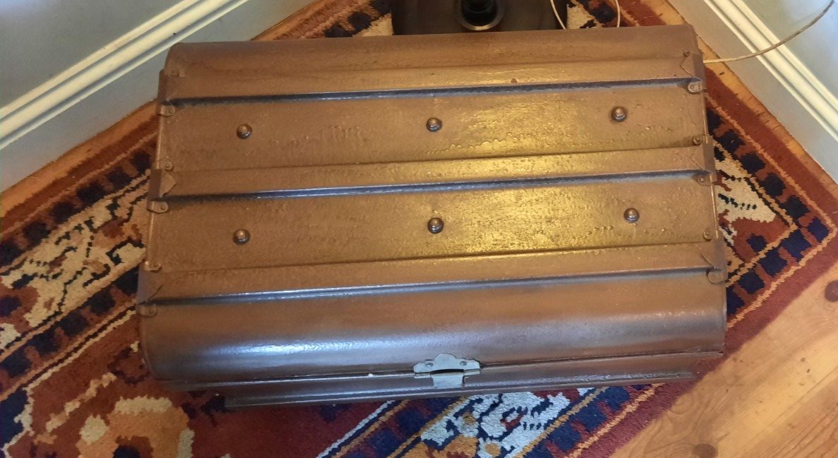 Vintage Metal Steamer Trunk Rustic Coffee Side Table Original Travel Chest photo for sale
