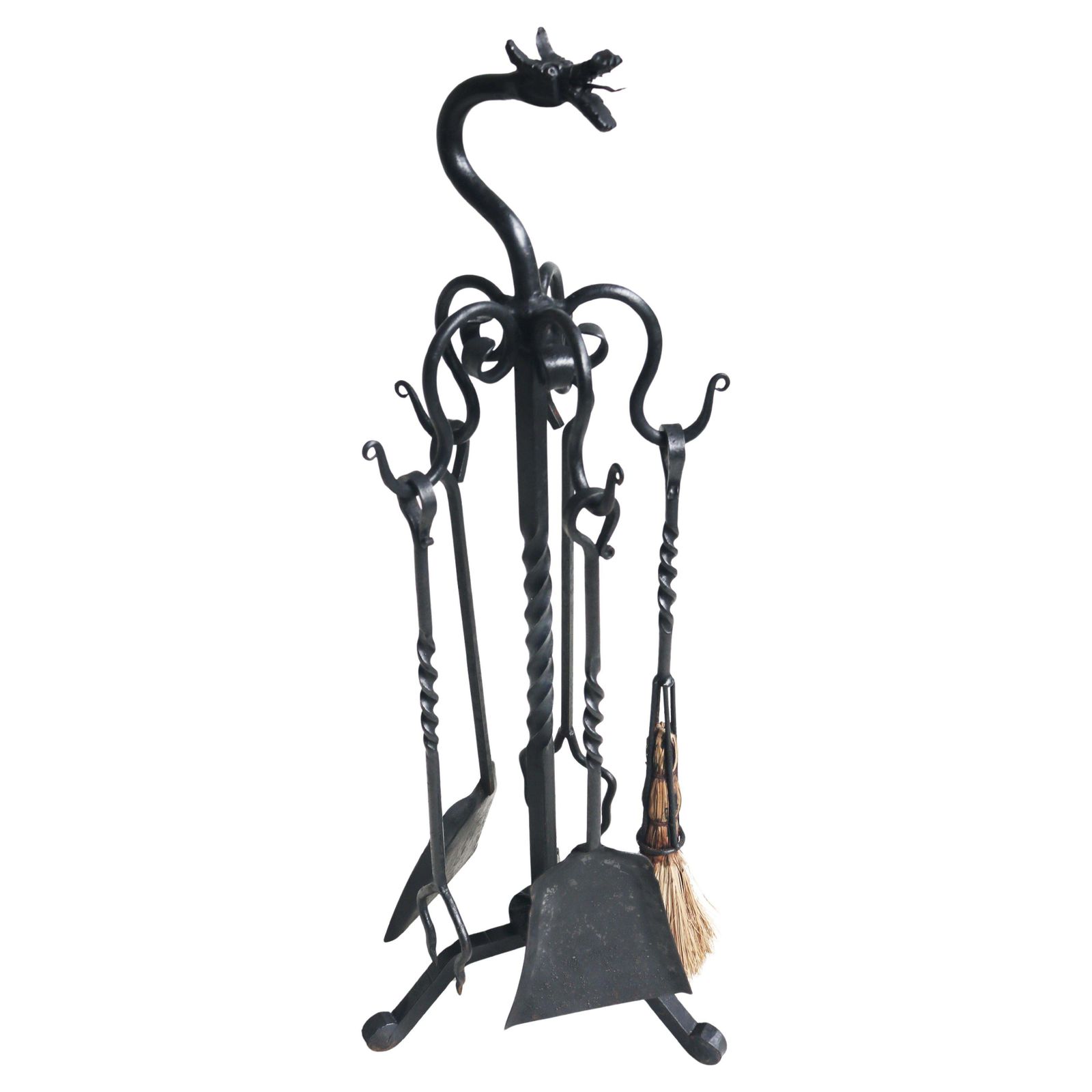 Spaans Gotisch Revival Haardgereedschapset – Gesmeed Ijzer Met Draak – Ca. 1920, Handgesmeed