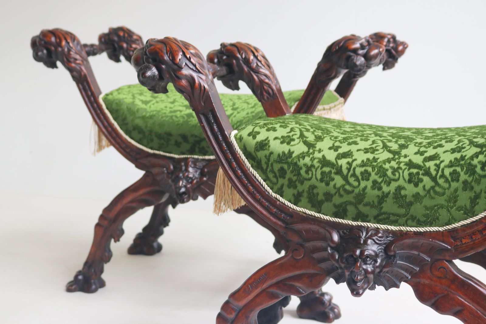 photo buy Rare Pair Of Gothic Revival Stools By Victor Aimone 19th Century Lion Heads Oak