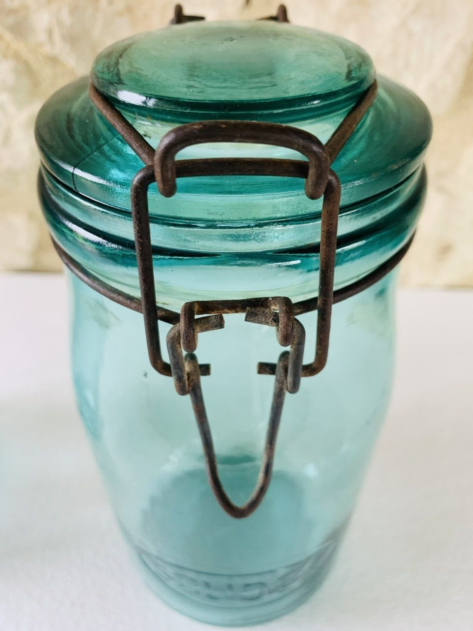 photo buy Vintage, French, Turquoise Glass Jars From Solidex, 1940s, Set Of 2