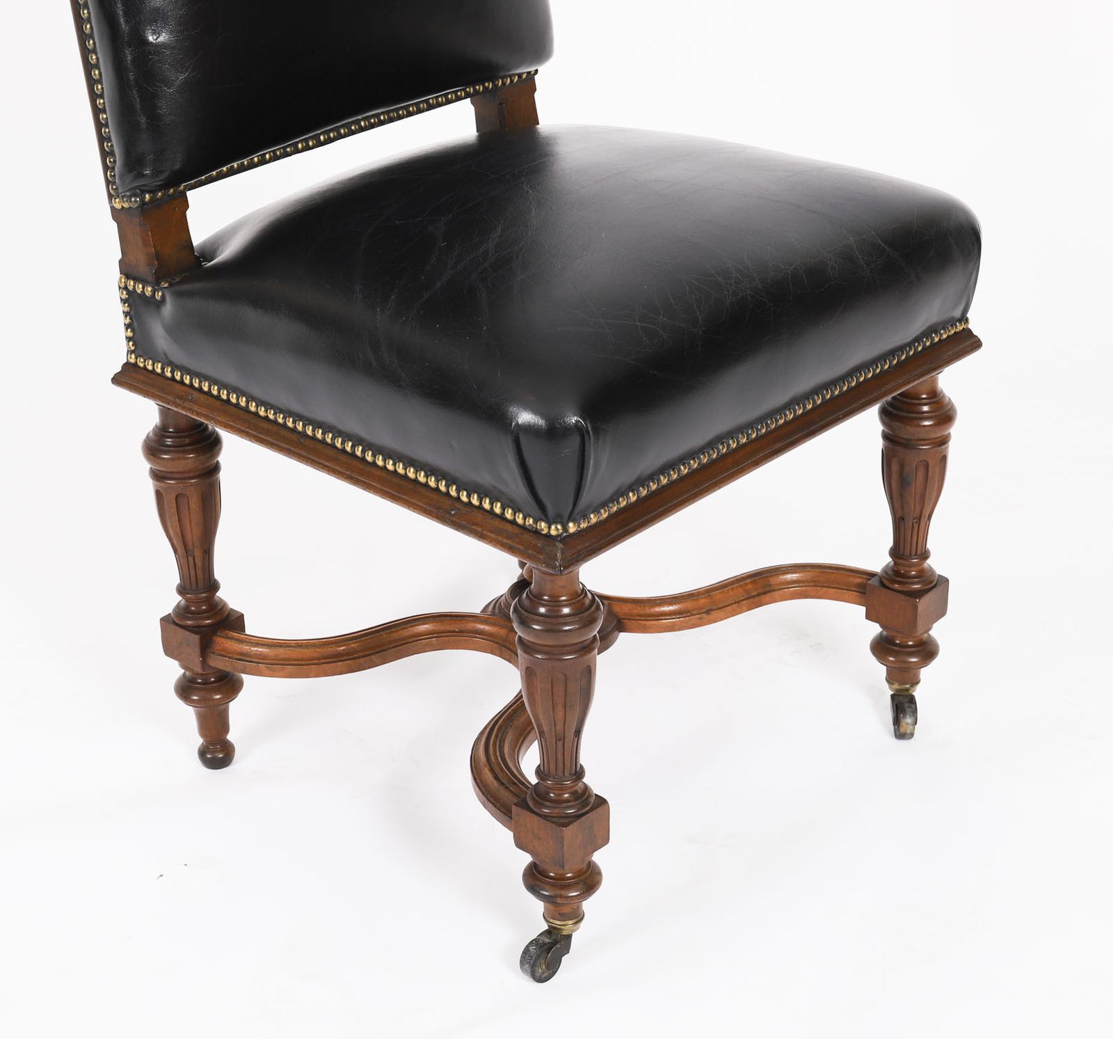 Antique Set 12 French Walnut & Black Leather Upholstered Dining Chairs 19th C photo 5500.0