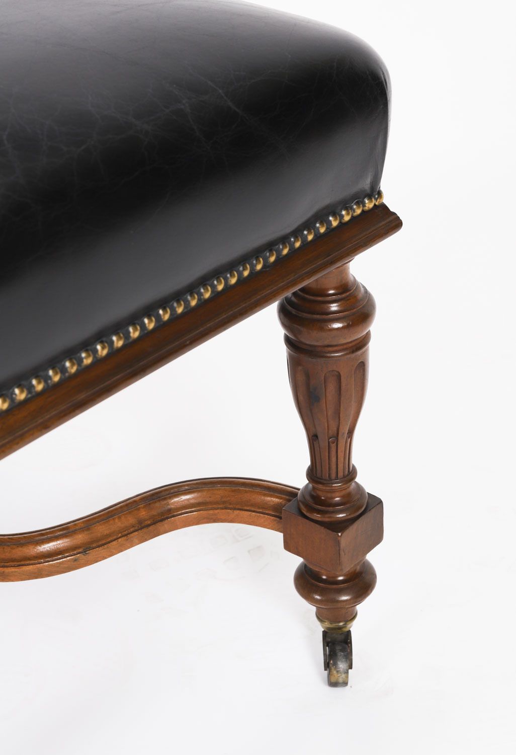 Antique Set 12 French Walnut & Black Leather Upholstered Dining Chairs 19th C photo vinterior