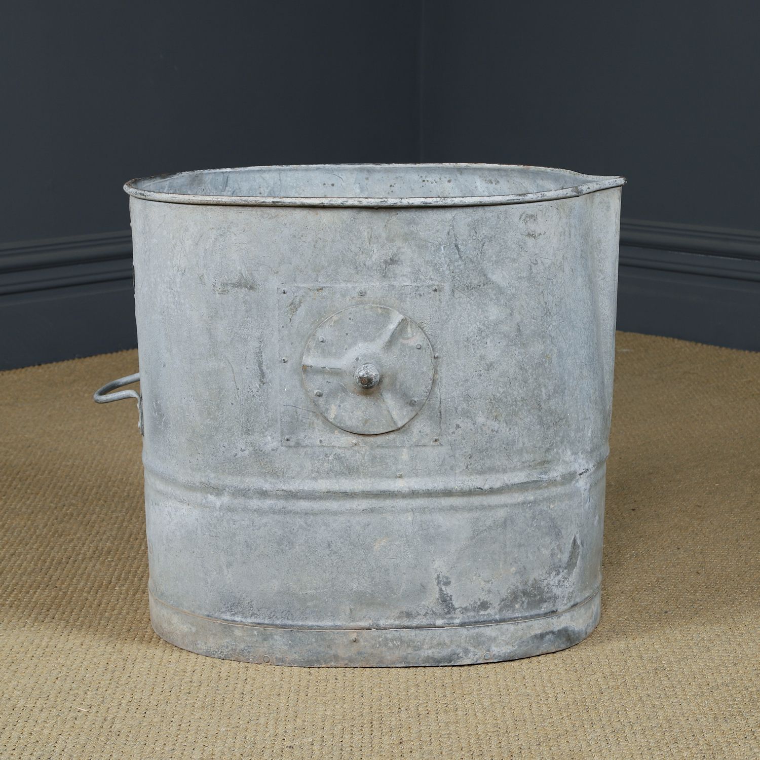 photo vintage English Galvanised Metal Log  Storage / Bin / Tub / Tree / Shrub Planter (Circa 1920)