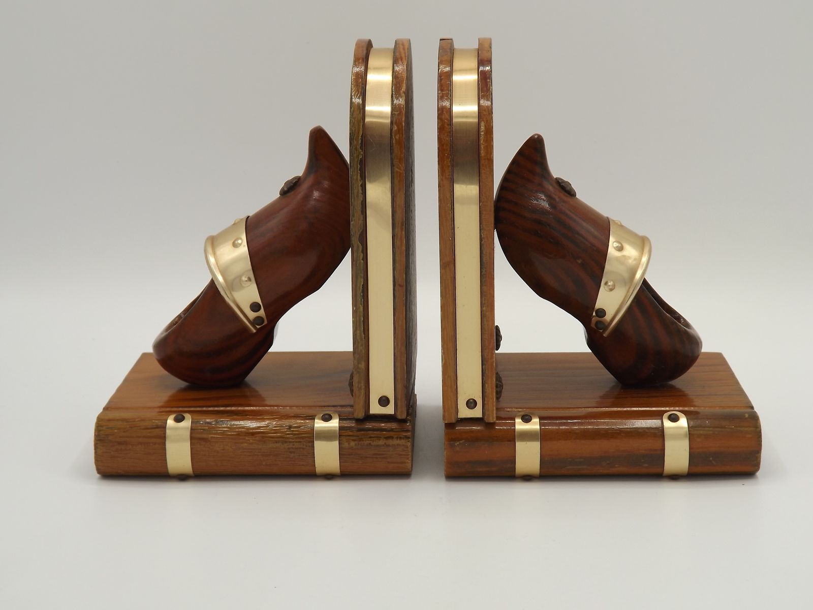 Vintage French Breton Wooden Bookends Handcarved With Book And Clog Design