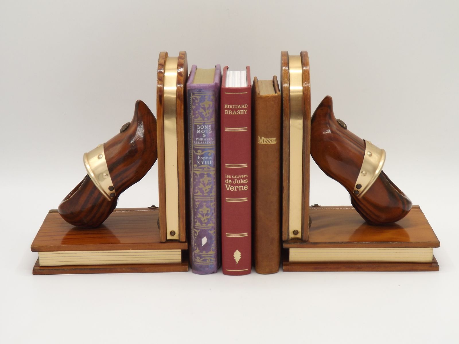 Vintage French Breton Wooden Bookends Handcarved With Book And Clog Design photo buy