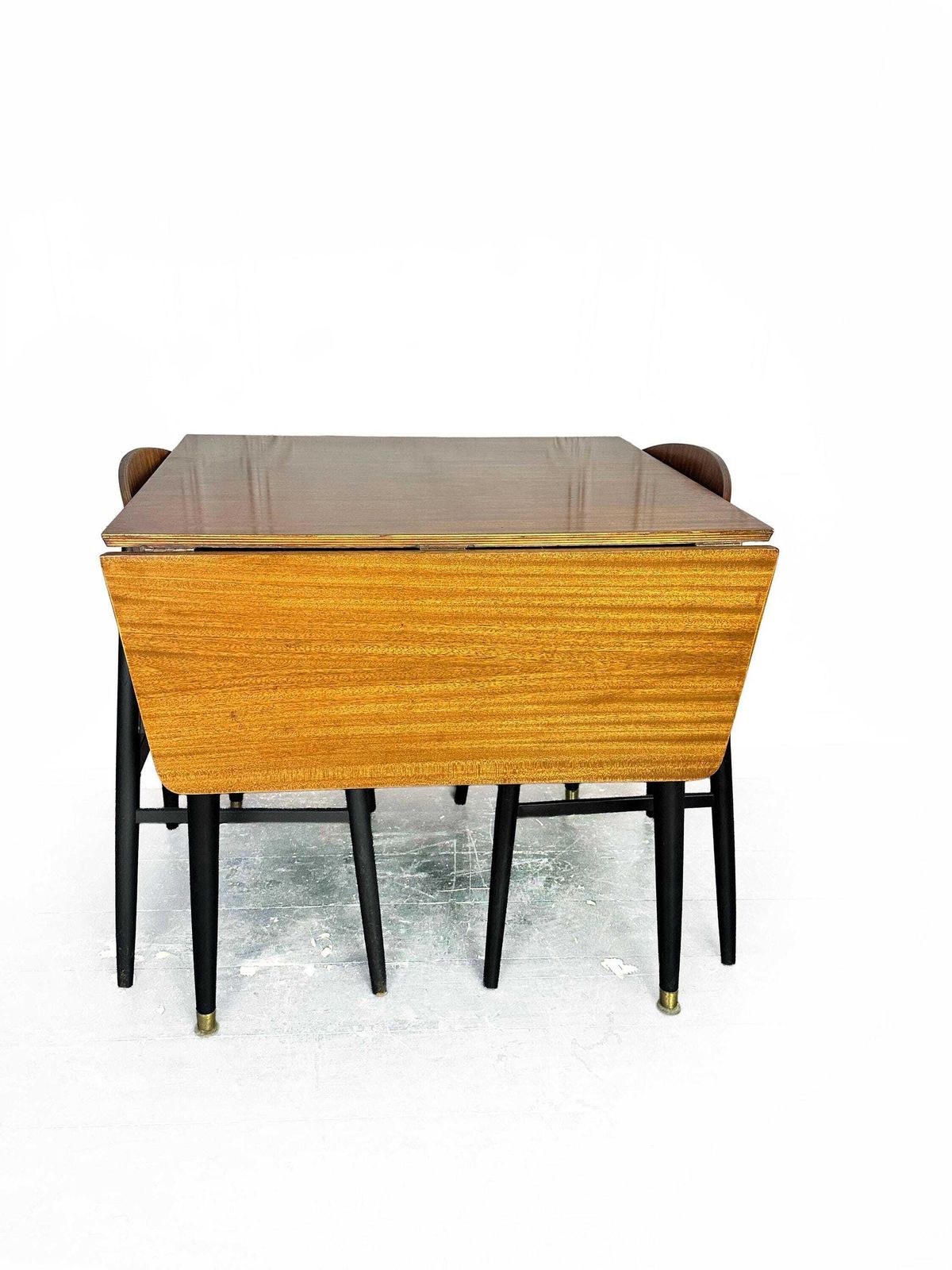 Mid Century Drop Leaf Dining Table And Two Reupholstered Butterfly Dining Chairs photo for sale