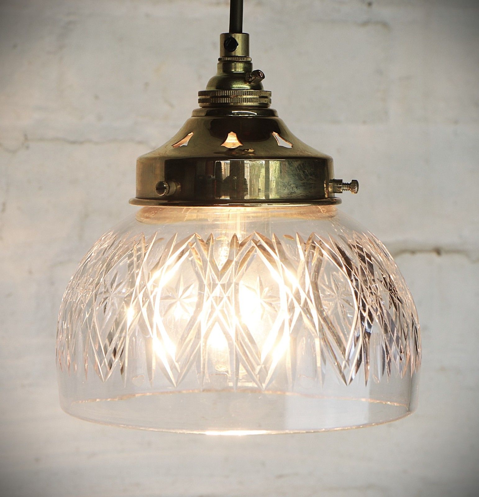 Ceiling Light Antique Cut Glass Pendant Shade Glass Bowl Multi Cut Rewired photo Lighting