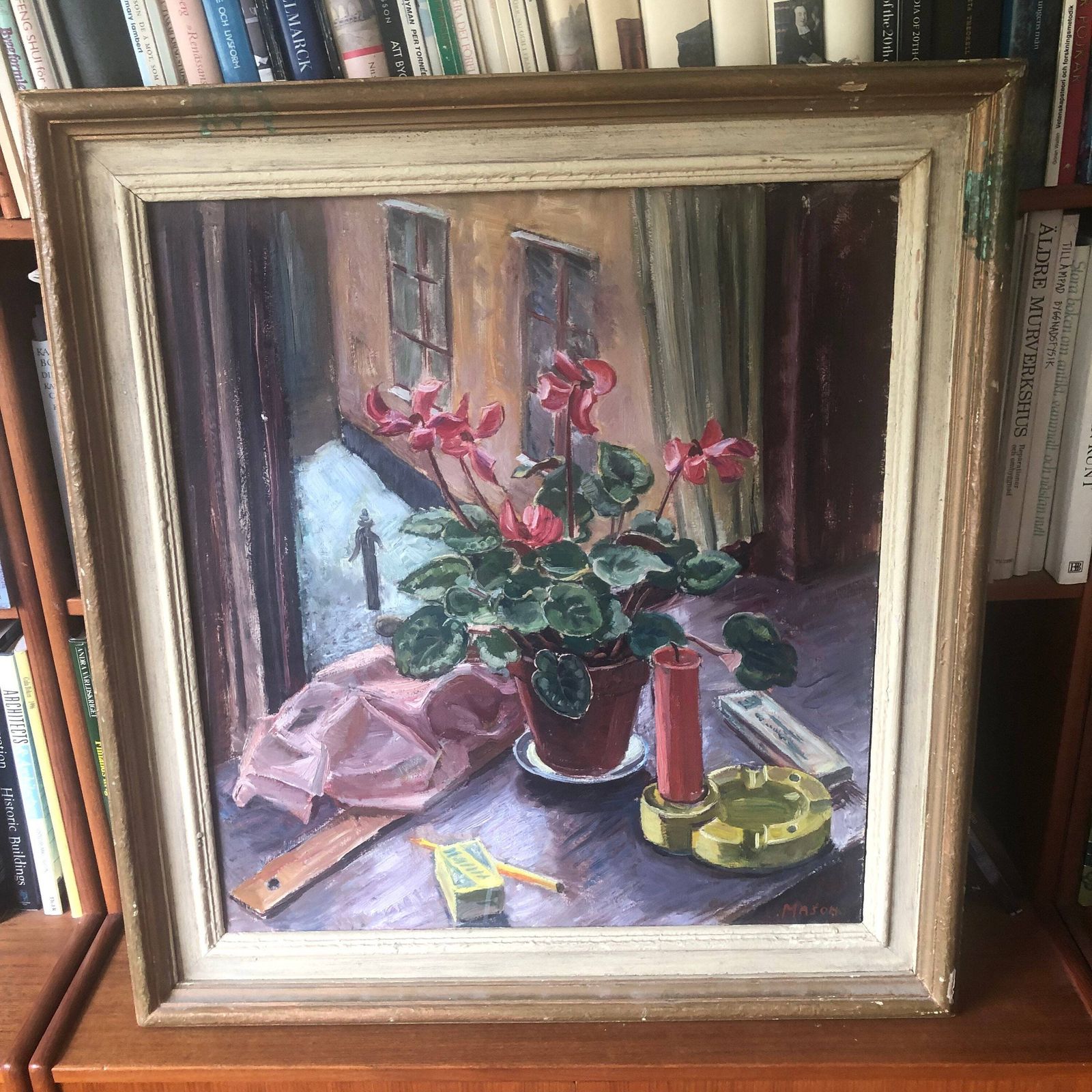 Floral Still Life Cyclamen Mid Century Original Oil Painting By Mats Mason Swedish Artist Vintage Framed Artwork Ready To Hang Scandinavian