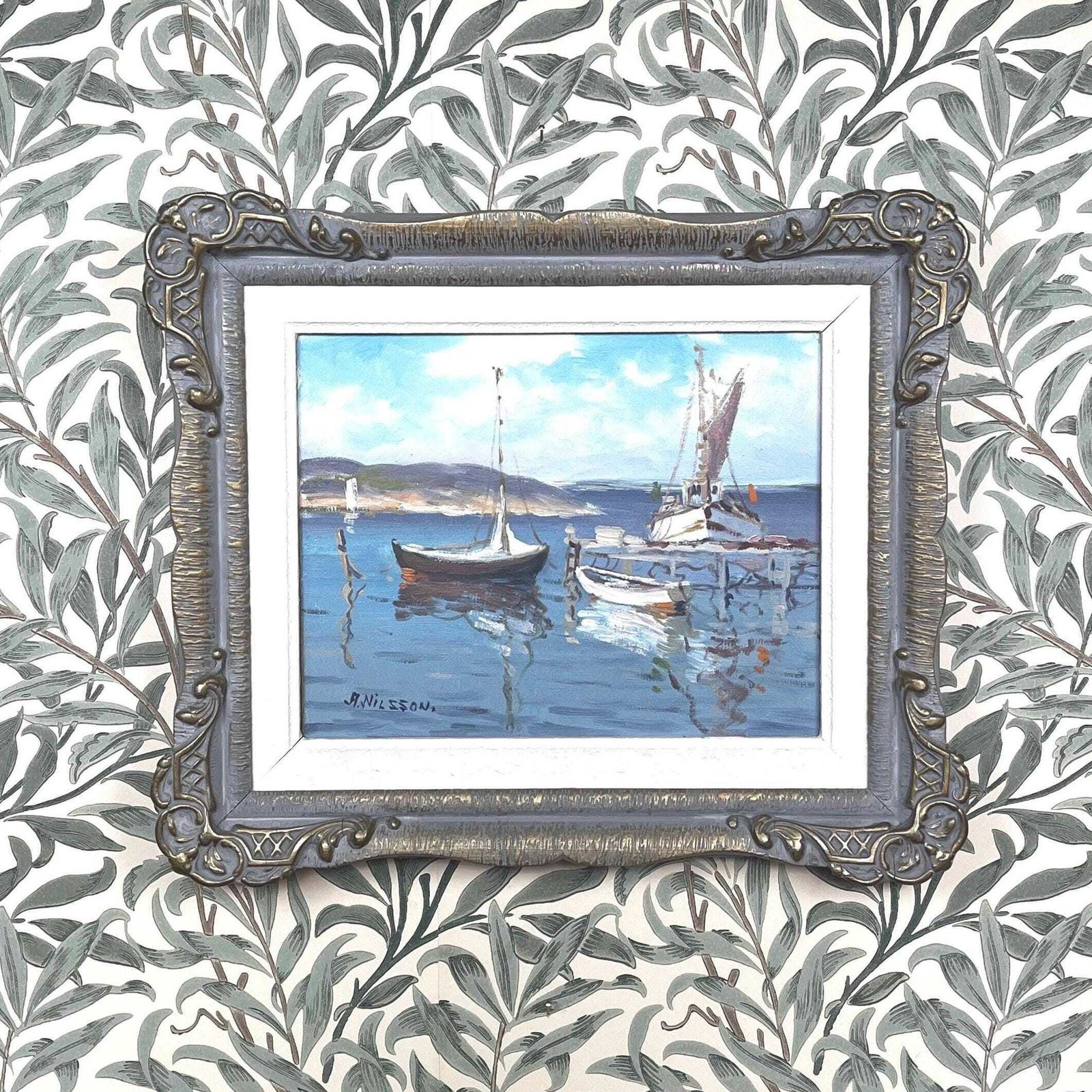 Coastal Scene With Boats 1950s Original Oil Painting By Algot Nilsson (1898 1976) Swedish Artist Vintage Scandinavian Marine Seascape Art