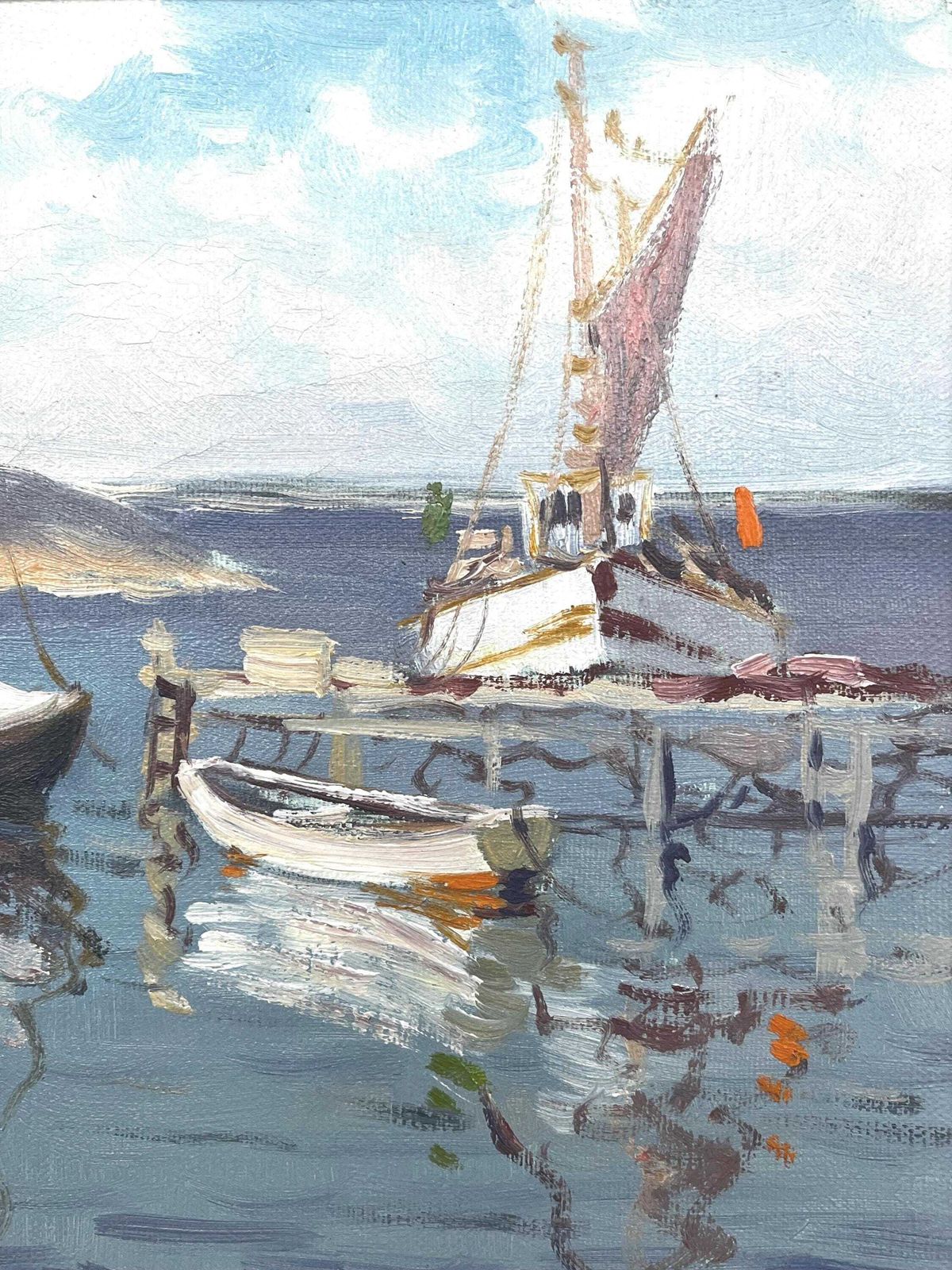 photo furniture Coastal Scene With Boats 1950s Original Oil Painting By Algot Nilsson (1898 1976) Swedish Artist Vintage Scandinavian Marine Seascape Art